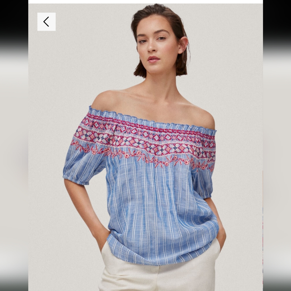 Blue Embroidered Off-Shoulder‎ Blouse